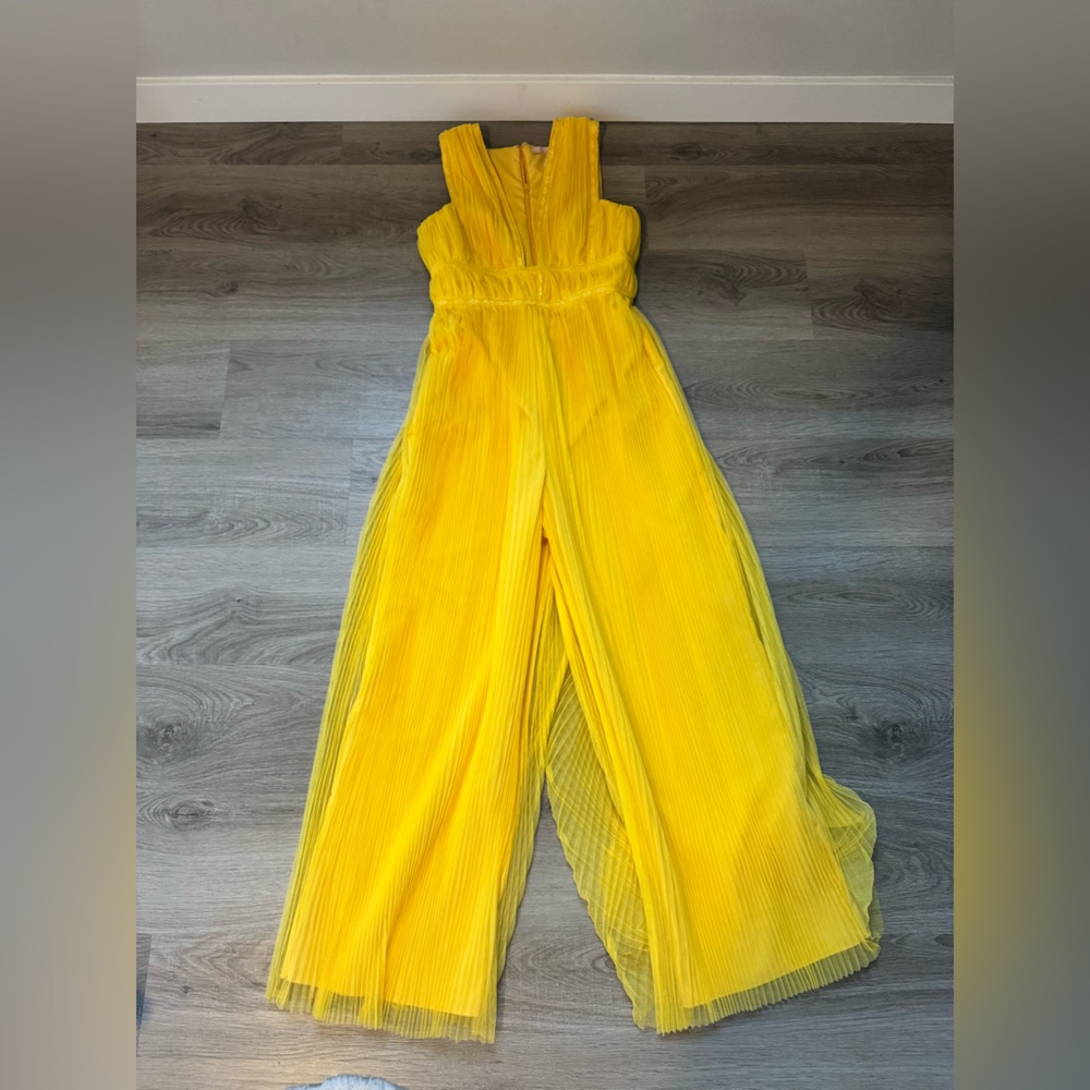 Anthropologie yellow pleated jumpsuit